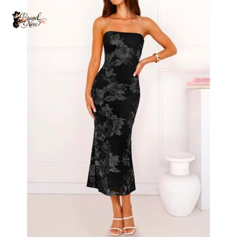 Polyester Elastane Strapless Floral Midi Bodycon … - image 4
